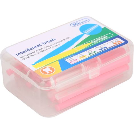 Boîte de 60 brossettes interdentaires orthodontiques roses pour le nettoyage des dents.