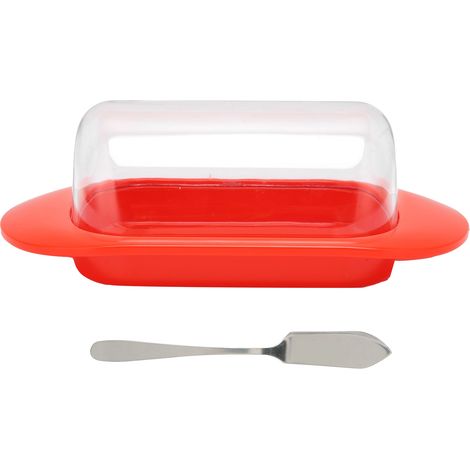 Boîte de rangement en plastique à bords arrondis pour beurre, fromage, desserts et pain, avec couvercle transparent et couteau rouge. (1/5)
