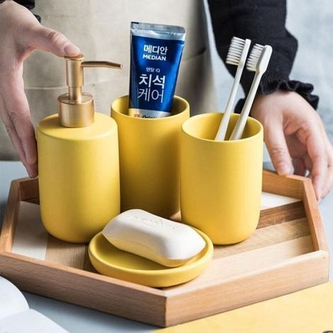 Ensemble accessoires salle de bain céramique - Distributeur savon, gobelet, porte-savon (jaune) (1/4)