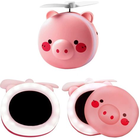 Mini ventilateur cosmétique rechargeable USB avec miroir LED et lampe à dessin animé (1/5)
