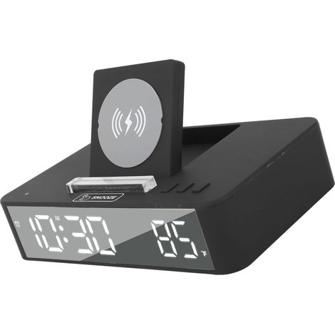 Digitaler Wecker (10 W) mit Ein-Knopf-Bedienung, LED-Uhr mit aufklappbarem Spiegel und kabelloser Ladefunktion (10 W) für Schlafzimmer, Büro und Zuhause (EN001), Schwarz (1/5)