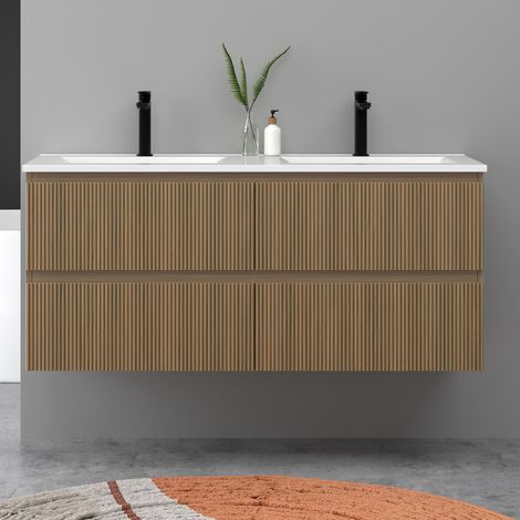 Meuble de salle de bain suspendu Strié 120cm avec double vasque + 4 tiroirs, Noyer (1/5)