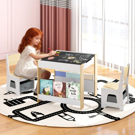 Ensemble Table et Chaises pour Enfants Bureau d'Activités en Bois pour Tout-Petits avec Plateau Réversible Bibliothèques & Tiroirs Naturel (1/3)