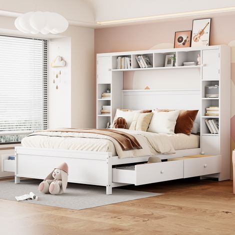 Letto matrimoniale 140x200 cm in legno, con 4 cassetti, testata con spazio di archiviazione, mensola, stile moderno, per adulti e giovani – Bianco