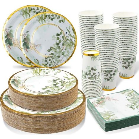 200 pièces, assiettes en papier vert sauge, gobelets et serviettes jetables, décoration fête boho, pour mariages et pique-niques