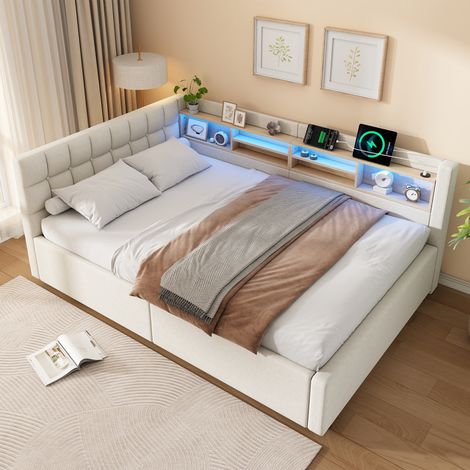 Lit banquette coffre 140x200cm avec rangement hydraulique,étagère,lit de jour avec LED dimmable et USB,lin et MDF,beige (1/5)