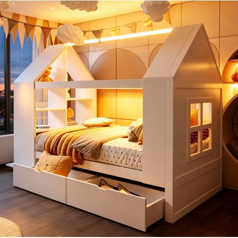 Lit cabane enfant 90 x 200 cm blanc avec 2 tiroirs, LED et rangements, OKWISH (1/5)