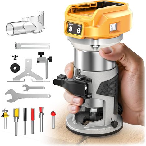 Défonceuse compacte sans fil pour batterie DeWalt 20 V (outil nu), 6 vitesses variables pour le travail du bois, 800 W 30 000 tr/min, base fixe avec embouts, guide de bord et rouleau, capot (1/5)