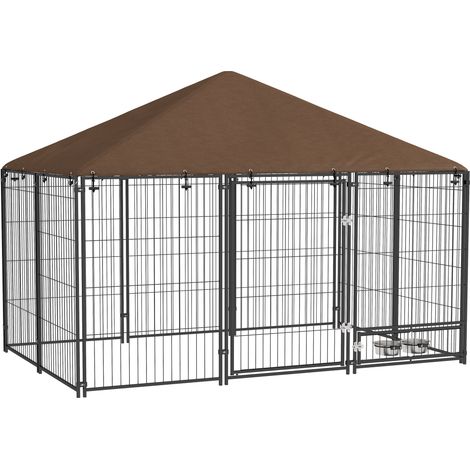 Recinto per Cani 211x141x151 cm con Porticina per Ciotole in Metallo e Tessuto Oxford Nero e Marrone (1/5)