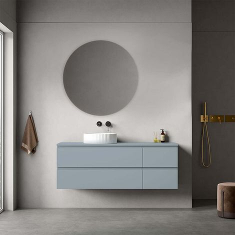 Mobile bagno sospeso reversibile  140 cm Blu Avio per Lavabo d'appoggio Specchio Tondo - Fiji Paint Top (1/4)