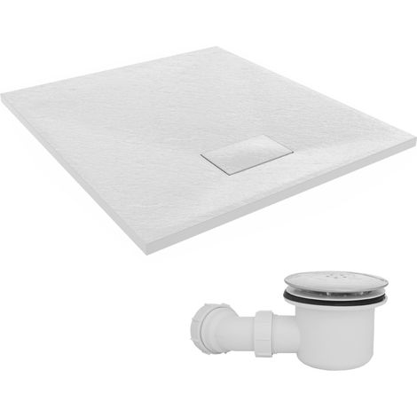 NRG 900 x 800mm SMC White Rectangle Slate Effect Bathroom Shower Tray & Fluidmaster Fast Flow Waste Trap