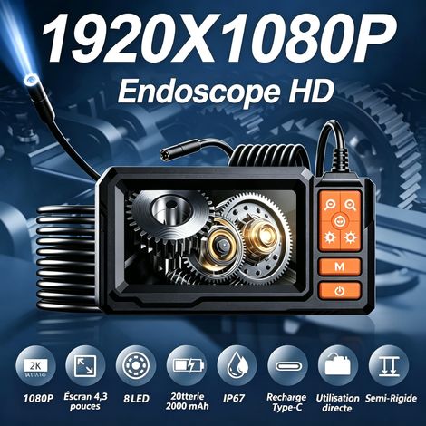 Caméra endoscopique avec lumière, caméra d'inspection de serpent de borescope 4,3" HD 1920P, IP67 imperméable 8 LEDs réglables 2m Kit d'outils semi-rigides pour la plomberie automobile Gadgets frais d (1/5)