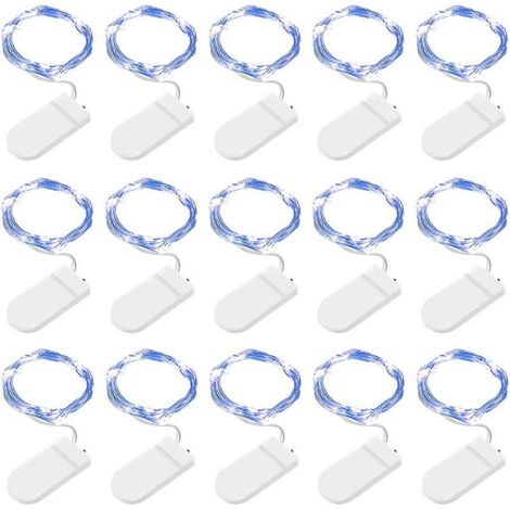 Guirlande lumineuse LED, paquet de 15, 2 m, 20 guirlandes lumineuses à piles, fil de cuivre (bleu) (1/5)