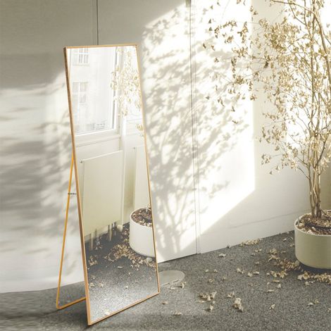 Miroir sur pied,Miroir pleine longueur,Miroir mural,150x40 cm,cadre en alliage d'aluminium,Pour Salon,Entrée,Chambre,rectangle,Doré (1/5)