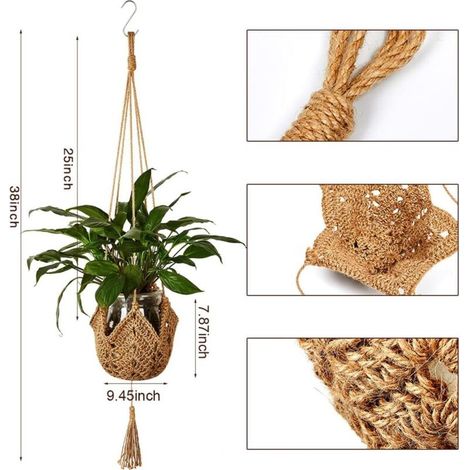 APEX Panier suspendu en corde de jute tressée, crochets muraux pour pots de fleurs, idéal pour la décoration intérieure, lot de 2 (1/5)