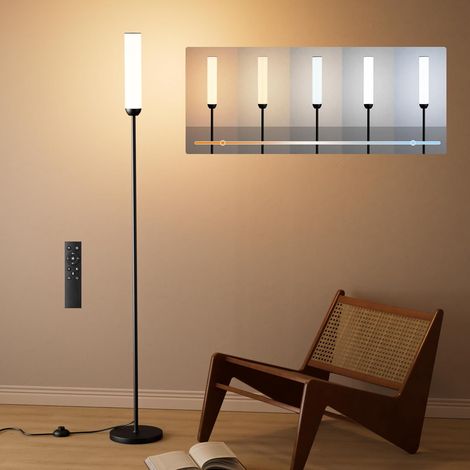 Lampadaire sur Pied Salon, lampadaire LED Dimmable, 5 Températures de Couleur avec Télécommande et Pédale de Commande, LED Lampe sur Pied Moderne Noir pour Chambre, Étudier, Bureau (1/5)