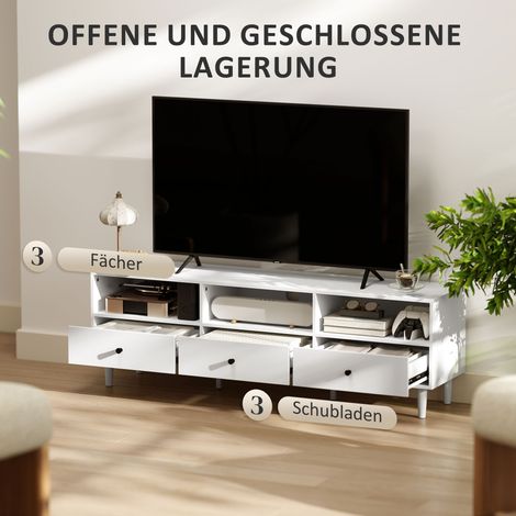 Meuble TV 75 pouces avec 3 étagères ouvertes et 3 tiroirs, panneaux de particules blanc (1/4)