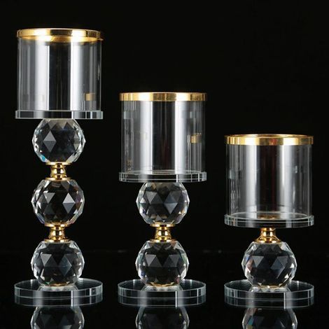 [NEVER USED] Crystal pillar candle holder, 3 clear glass candle holders, modern candelabra tealight holder in gold (1/4)