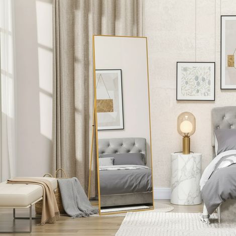 Specchio da Terra Design 177x77 cm - Grande Specchio Rettangolare a Parete o Autoportante con Cornice in Alluminio Antiesplosione - Oro