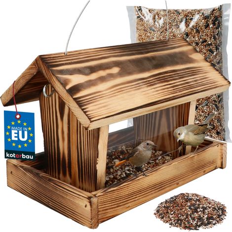 KOTARBAU® Mangeoire Oiseaux Exterieur - Bois - 28x18x20 cm - Naturel - avec Parois en Acrylique - et 0,5 kg de Nourriture - Mangeoire Oiseaux a Suspendre - Décoration Jardin Terrasse Balcon (1/5)