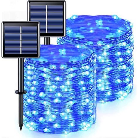 Lot de 2 guirlandes lumineuses solaires d'extérieur, fil de cuivre, étanches, 12 mètres par guirlande, 100 LED (lumière bleue)