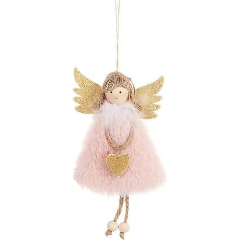 Pendentif de Noël suspendu en peluche en forme de cœur et d'ange, à suspendre au sapin de Noël, à la cheminée ou au mur (rose)-Pink