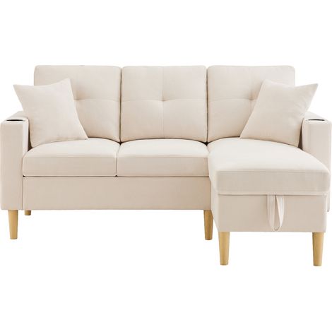 Divano angolare a L 3 posti beige con chaise longue, contenitore e portabicchieri (1/5)