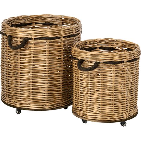 Set de cachepots ronds sur roues en rotin - naturel et grège (1/4)