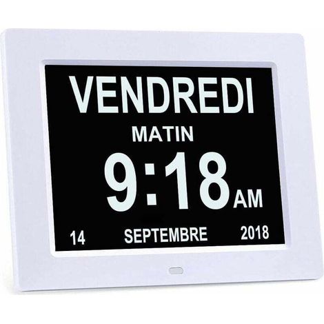 8" LCD Horloge Numérique Calendrier avec Date, Jour et Heure Horloge Alzheimer pour Les Seniors,C'est pour Les Parents (Blanc) (1/5)