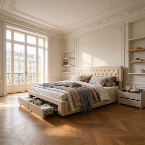 Lit Double capitonné avec éclairage (Beige Style - O, 180X200CM) (1/5)