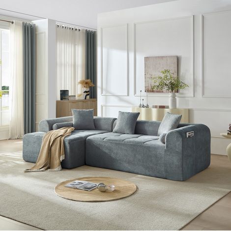 Canapé d'angle bleu en tissu 263 cm avec assise à ressorts et mousse haute densité, dossier incliné, accoudoirs arrondis avec rangement latéral pour salon – CHICFURN (1/5)