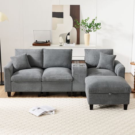 Sofá chaise longue en L 229x149,5x83 cm de pana gris con consola, para salón pequeño – MEUBLIV (1/5)