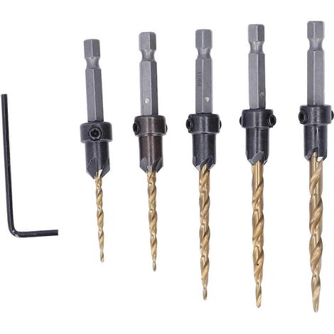 5-teiliges Senkbohrer-Set, Sechskantschaft, Zoll, titanbeschichtet, konisch