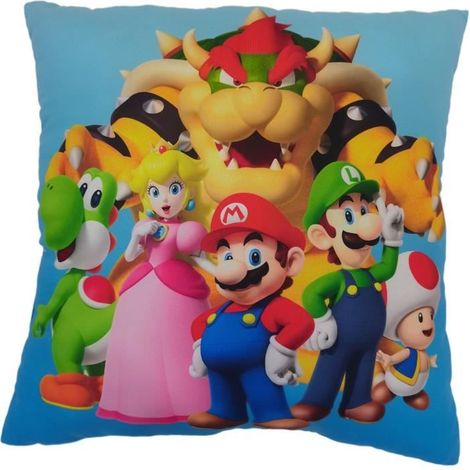 Cojín doble cara - Cuadrado - MARIO BROS - Mario y sus amigos - Microfibra - 40 x 40 cm