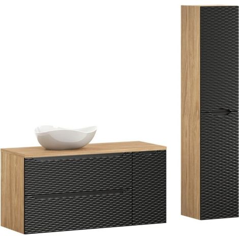 Set da bagno YOKA nero: mobili sotto lavabo + piano per lavabo + lavabo da appoggio + colonna contenitore