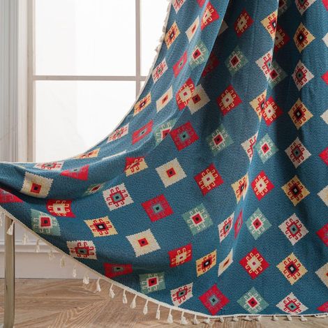 JSSEVN - Cortina vintage étnica bohemia semiopaca de algodón con borlas de estampado geométrico jacquard - 1 panel con insignias azules - 150 x 180 cm (1/5)