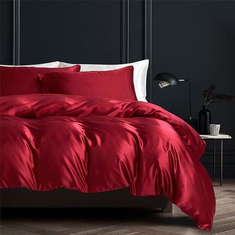 Duvet Cover 220 x 240 cm Satin Bordeaux Red Plain Silk Bedding Set Smooth Silky Shiny Soft Duvet Cover Sets Double Duvet Cover with 2 Pillowcases 65 x 65 cm with Zip (1/5)