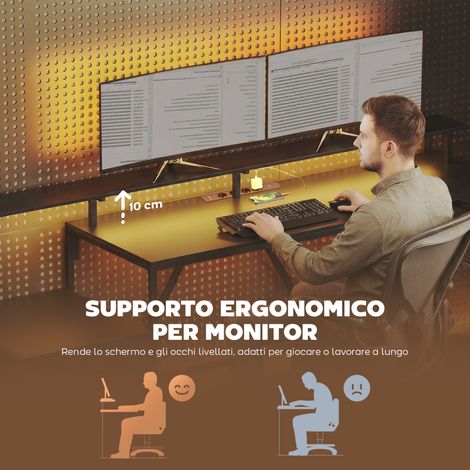 Bureau d'Angle Gaming avec Station de Recharge, Éclairage LED, Support d'Écran, Structure Acier et Plateau Bois, 192,5x80x86,5 cm, Noir (1/5)