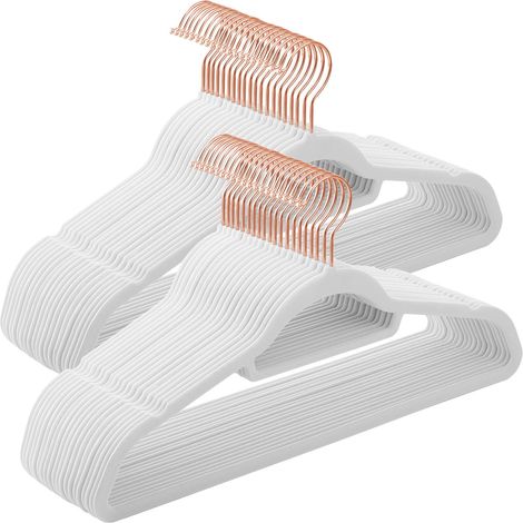 Cintre en Velours, Lot de 50, Antiglisse, Barre À Cravate, Crochet Pivotant 360°, Épaisseur 0,6 cm, Longueur 43,5 cm, pour Manteau, Robe, Pantalon, Blanc et Rose Gold CRF021W02 (1/5)