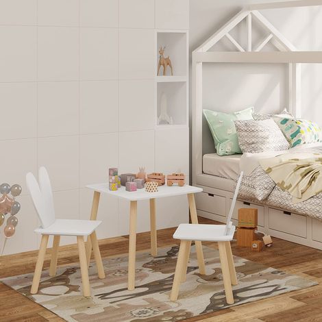 Woltu – Ensemble table et 2 chaises pour enfants – MDF et bois massif – Dossier en forme d'oreilles de lapin – Dimensions table 49,5x49,5x47cm