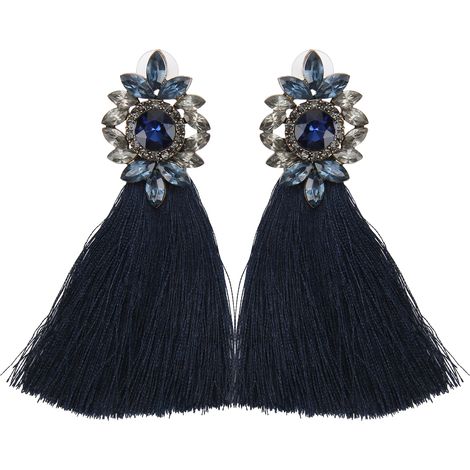 1 Pair Earrings Diamond Flower Shape Vintage Tassel Alloy Material Ear Studs Party DecorationDark Blue (1/5)