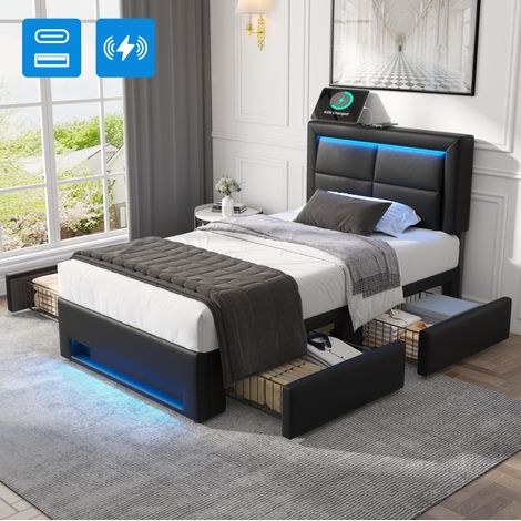 MEUBLIV Lit 90x190 cm noir – LED, USB et 4 tiroirs, sans matelas (1/5)