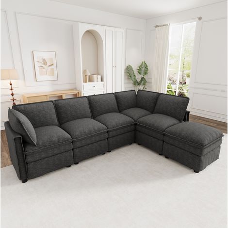 Canapé modulaire convertible 6 places avec ottomane mobile en chenille gris (1/5)