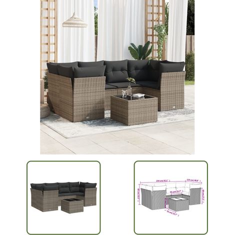 The Living Store 7-tlg. Garten-Sofagarnitur mit Kissen Grau Poly Rattan - Gartenmöbel - Esstisch - Lounge Set - Outdoor Möbel - Rattan Sofa (1/3)