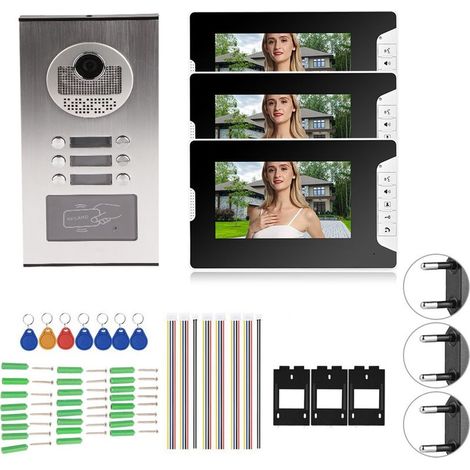 Vidéo Interphone Visiophone Portie, 7 Pouces LCD Moniteur,Sonnette de Caméra Filaire Vision Nocturne, 3 moniteurs et caméra extérieure 1000TVL IR Vision nocturne 100-240V (EU) (1/4)