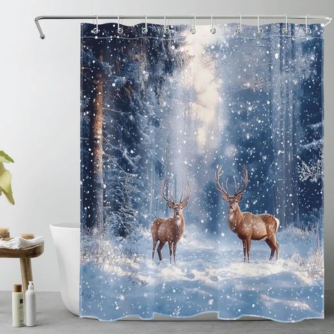 Rideau De Douche Noel - Polyester Imprimé Flocons De Neige - Blanc Rose Gris - 152 X 183 Cm - Avec Anneaux Métalliques - 1 Pièce (1/4)