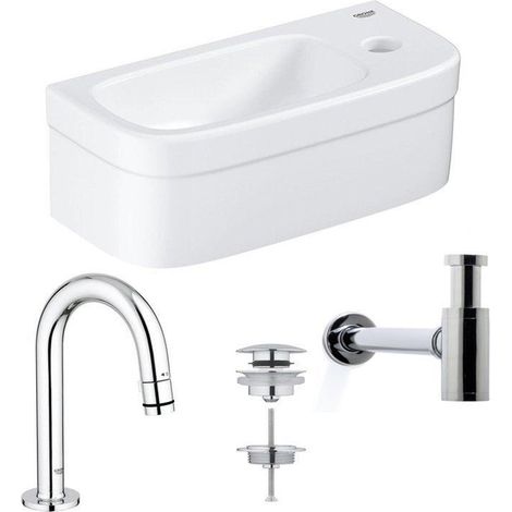 GROHE Euro ensemble lave-mains 37x18cm courbé robinet GROHE siphon Saniclass bonde Chrome Blanc