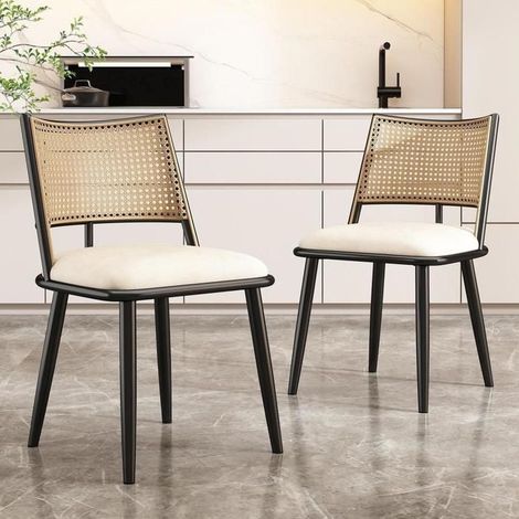 Chaise salle à manger - KOMHTOM - Dossier rotin - Siège PU - Pieds métal - Lot de 2 (1/5)