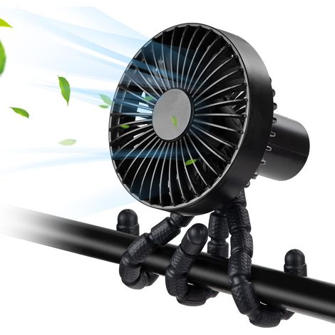 Ventilateur pour poussette, ventilateur USB portable ultra silencieux, mini ventilateur avec trépied flexible, 3 vitesses rechargeables pour poussette, siège auto, tente, bureau, chambre (noir) (1/5)