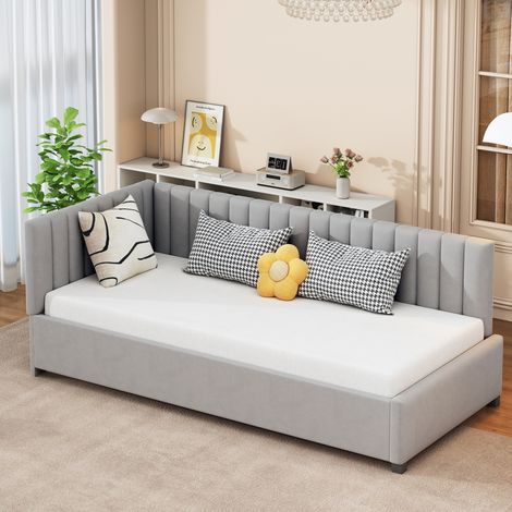 Letto singolo imbottito 90x200 cm, con testata e pannelli laterali alti, sommier a doghe in legno, divano letto in velluto - Grigio